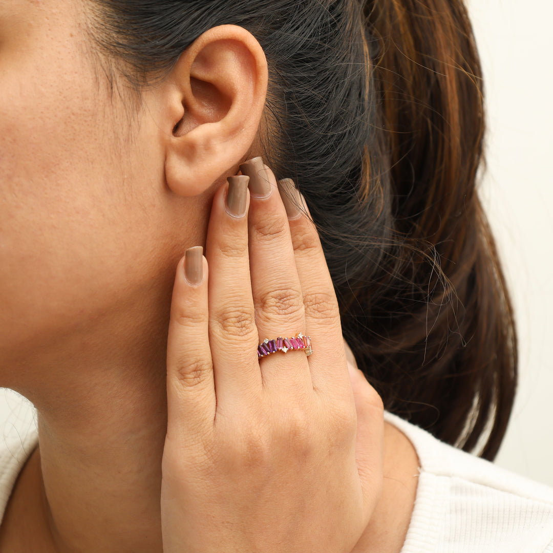 Rainbow Gemstone Diamond Zig Zag Ring - qivii