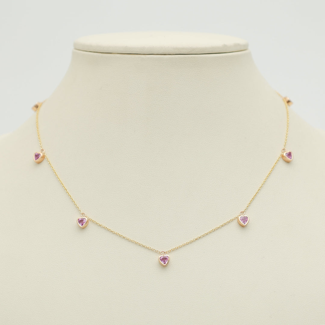 Pink Sapphire Bezel Set Heart Shape Chain Necklace - qivii