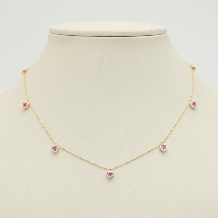 Pink Sapphire Bezel Set Heart Shape Chain Necklace - qivii