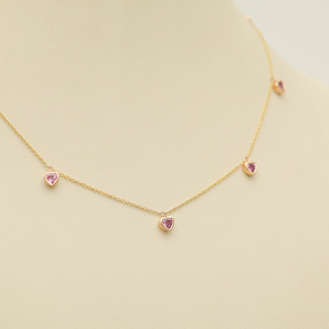 Pink Sapphire Bezel Set Heart Shape Chain Necklace - qivii