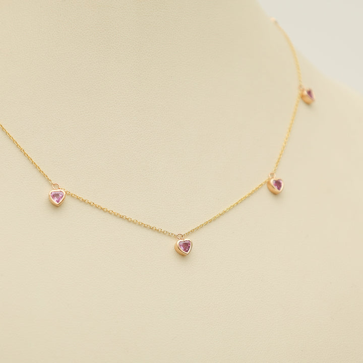 Pink Sapphire Bezel Set Heart Shape Chain Necklace - qivii
