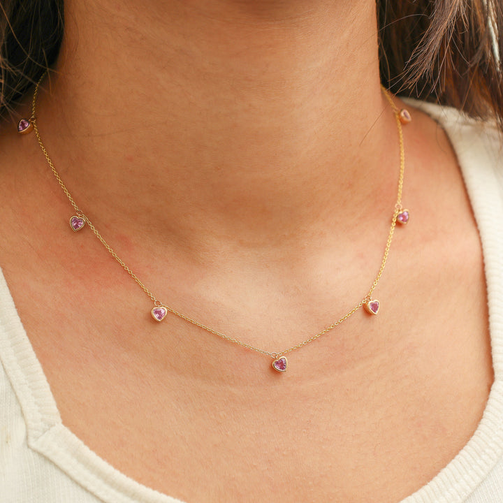 Pink Sapphire Bezel Set Heart Shape Chain Necklace - qivii