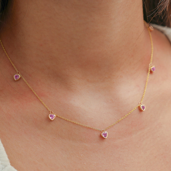 Pink Sapphire Bezel Set Heart Shape Chain Necklace - qivii