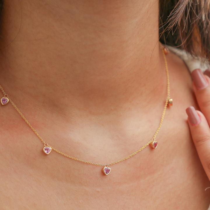 Pink Sapphire Bezel Set Heart Shape Chain Necklace - qivii