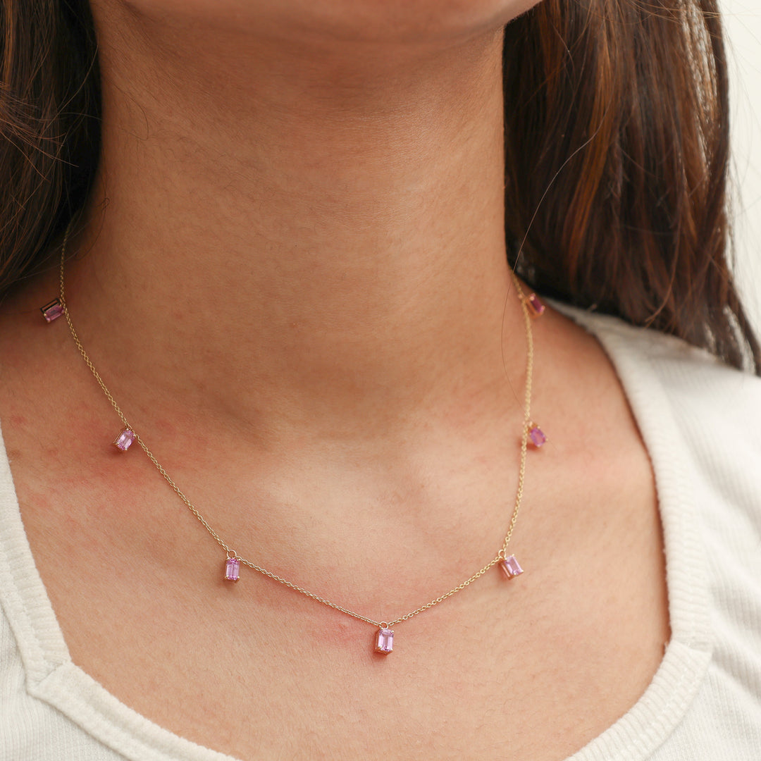 Pink Sapphire Emerald Cut Chain Necklace - qivii