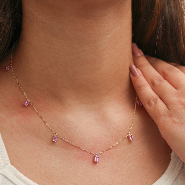 Pink Sapphire Emerald Cut Chain Necklace - qivii