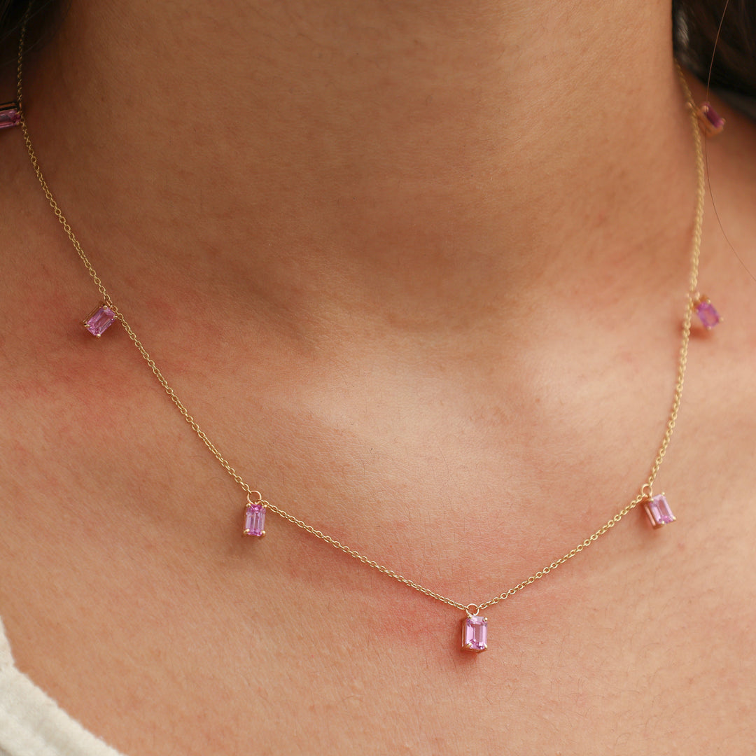 Pink Sapphire Emerald Cut Chain Necklace - qivii