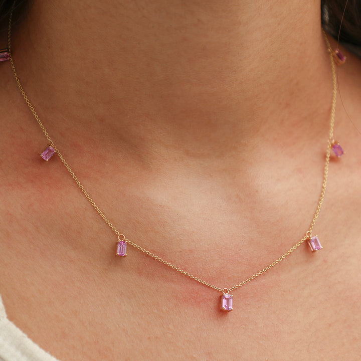 Pink Sapphire Emerald Cut Chain Necklace - qivii