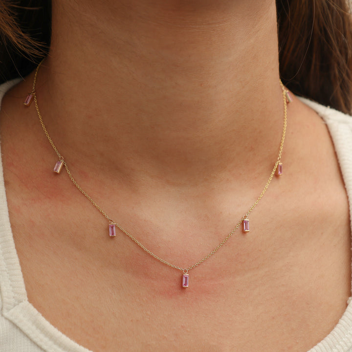 Pink Sapphire Bar Set Baguette Shape Chain Necklace - qivii
