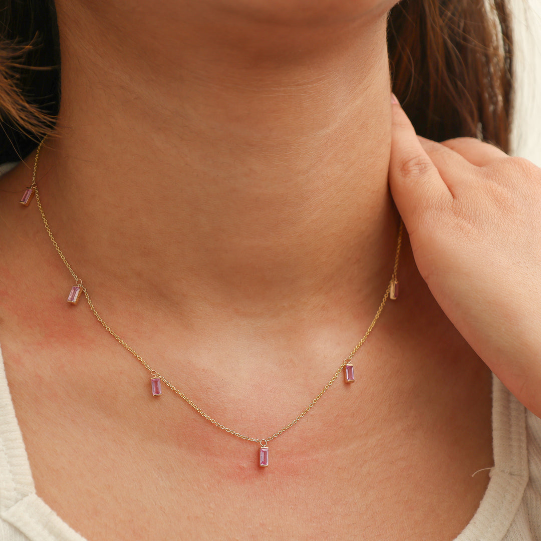 Pink Sapphire Bar Set Baguette Shape Chain Necklace - qivii