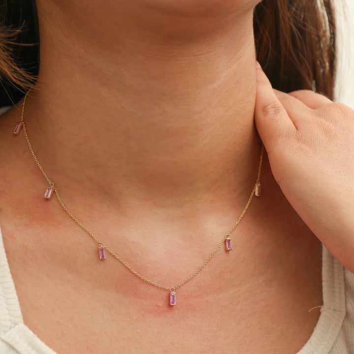 Pink Sapphire Bar Set Baguette Shape Chain Necklace - qivii