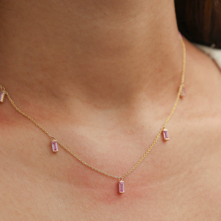 Pink Sapphire Bar Set Baguette Shape Chain Necklace - qivii