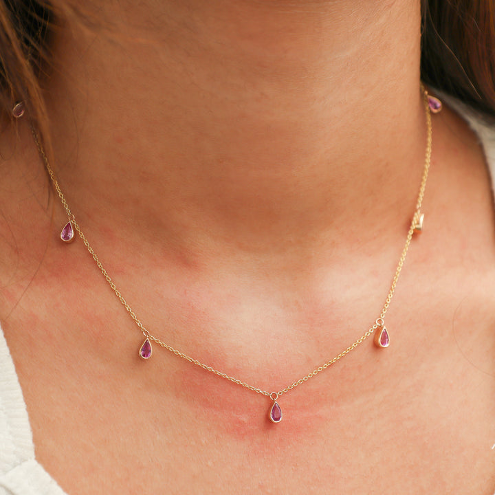 Pink Sapphire Bezel Set Pear Shape Chain Necklace - qivii