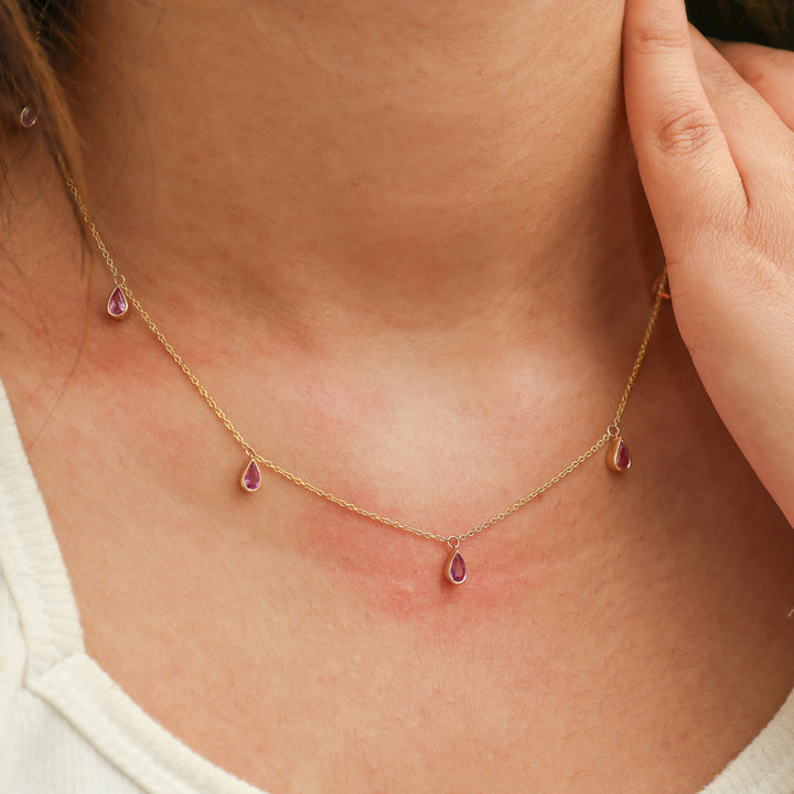Pink Sapphire Bezel Set Pear Shape Chain Necklace - qivii