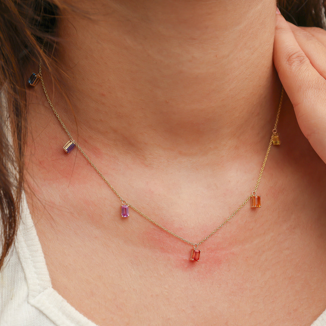 Rainbow Sapphire Emerald Cut Chain Necklace - qivii