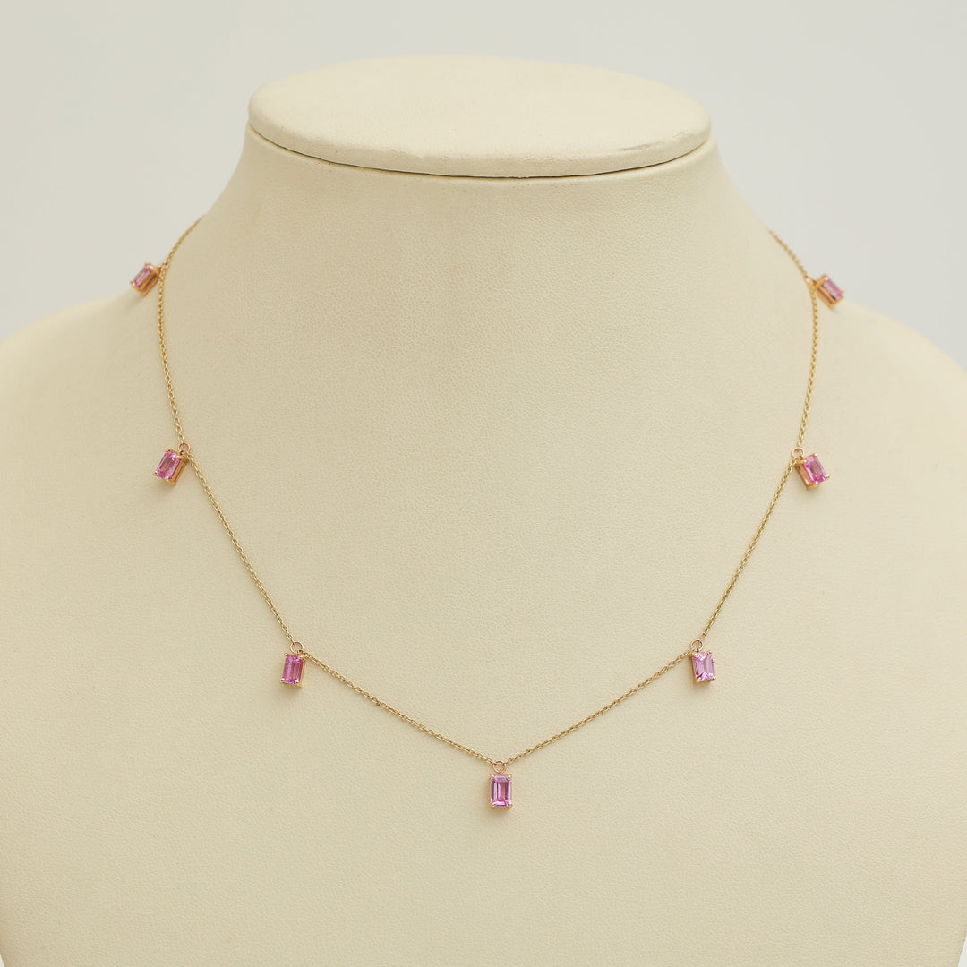 Pink Sapphire Emerald Cut Chain Necklace - qivii