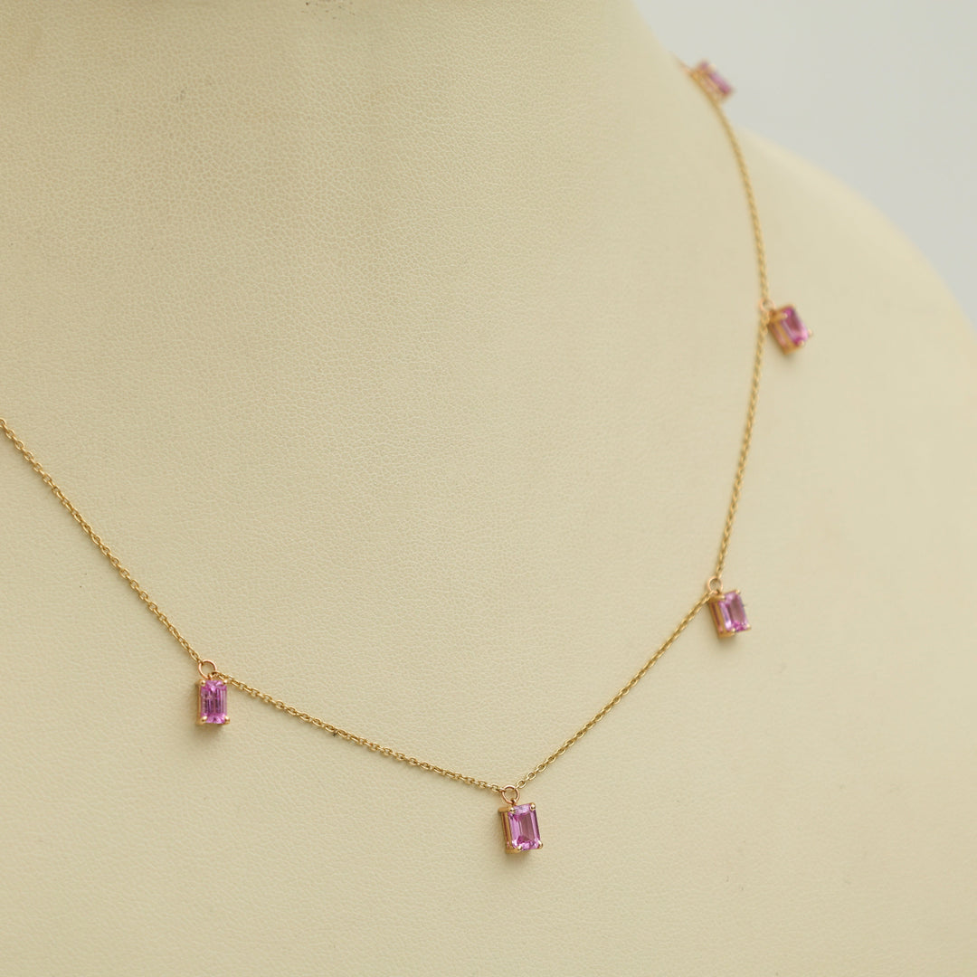 Pink Sapphire Emerald Cut Chain Necklace - qivii