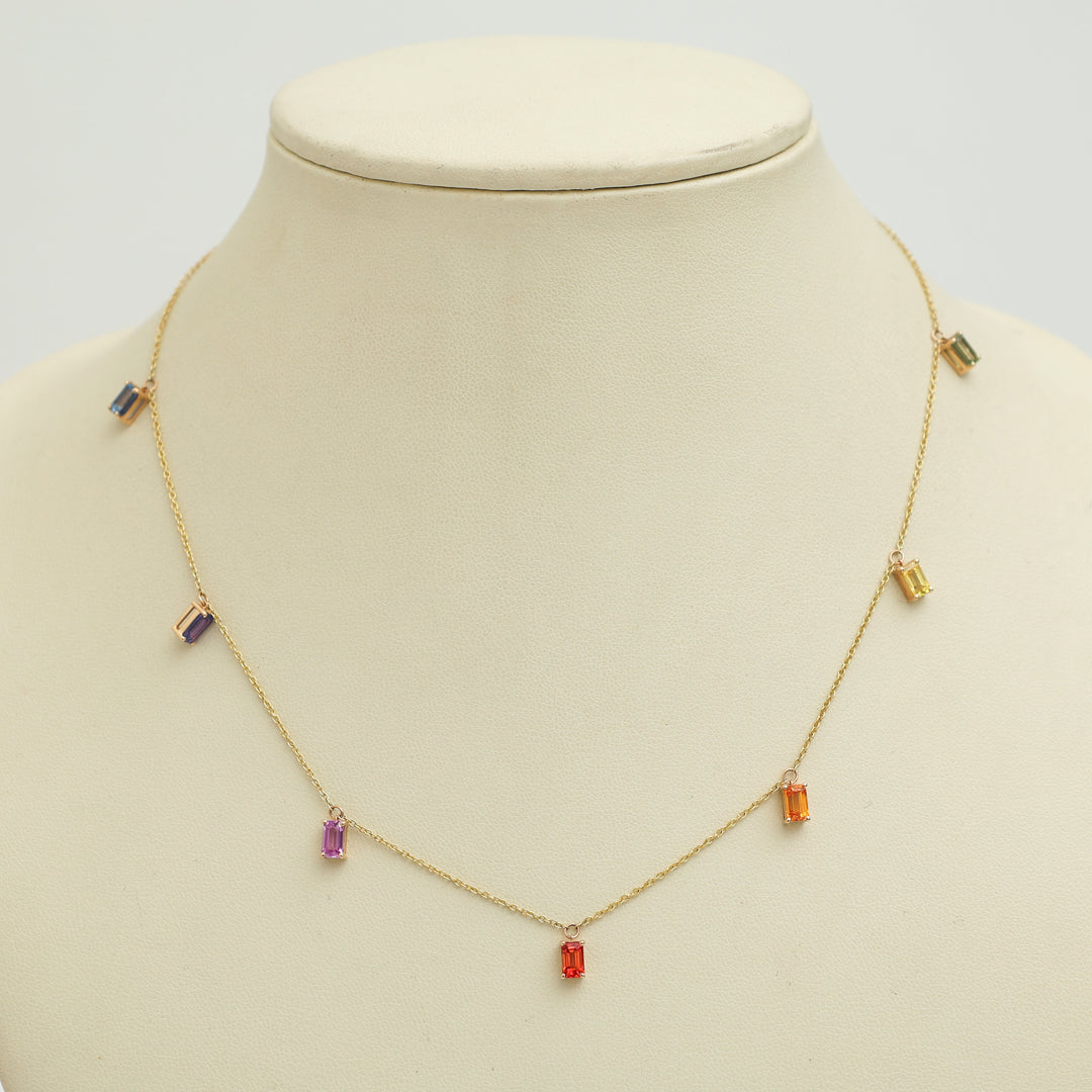 Rainbow Sapphire Emerald Cut Chain Necklace - qivii