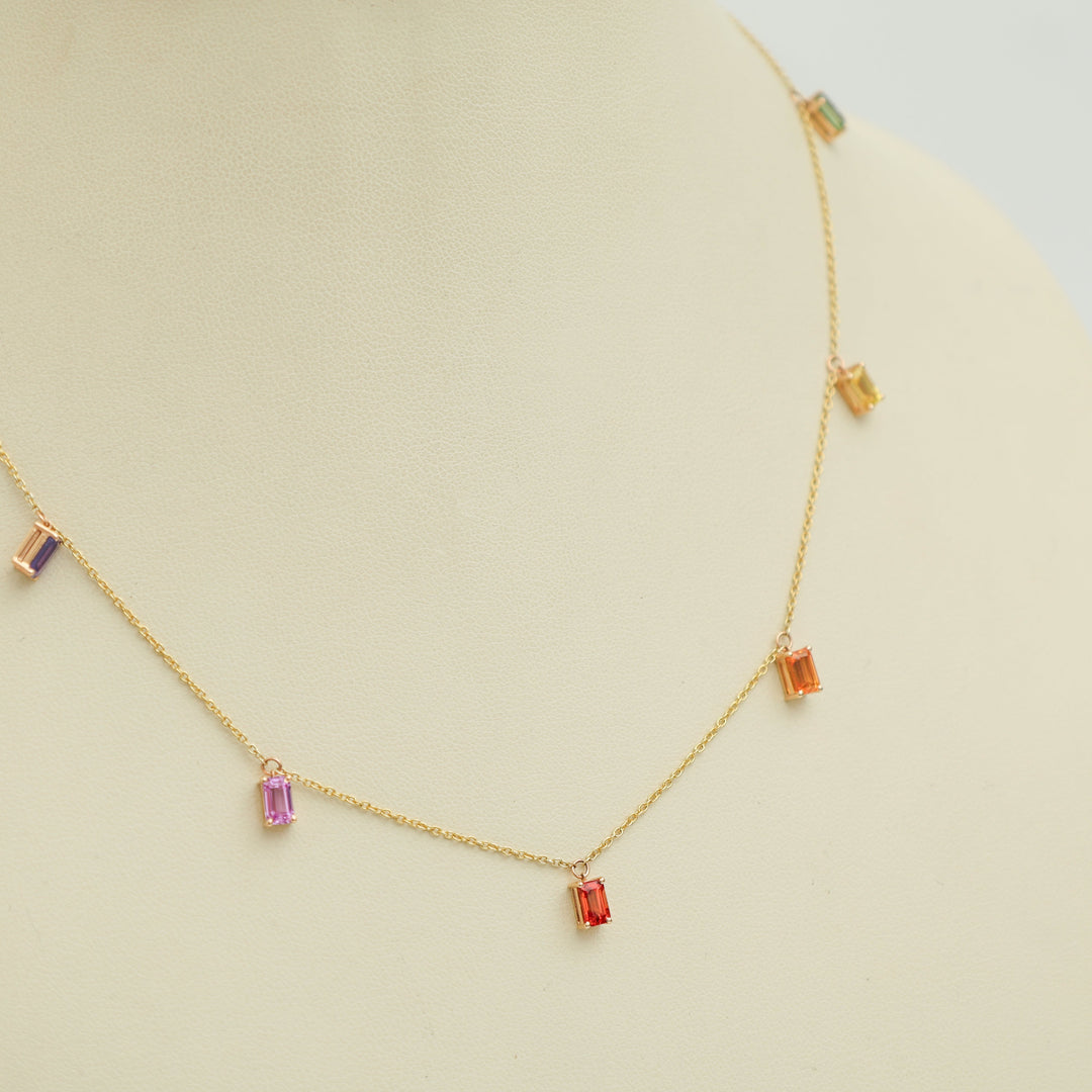 Rainbow Sapphire Emerald Cut Chain Necklace - qivii