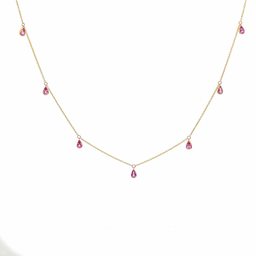 Pink Sapphire Bezel Set Pear Shape Chain Necklace - qivii