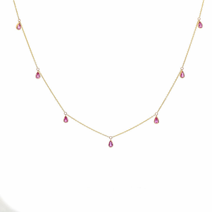 Pink Sapphire Bezel Set Pear Shape Chain Necklace - qivii