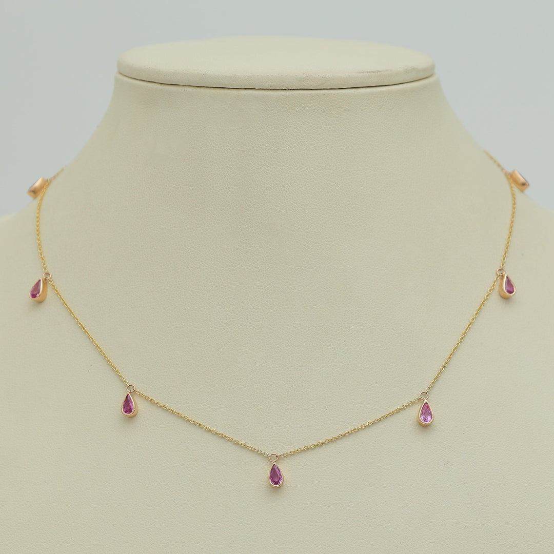 Pink Sapphire Bezel Set Pear Shape Chain Necklace - qivii