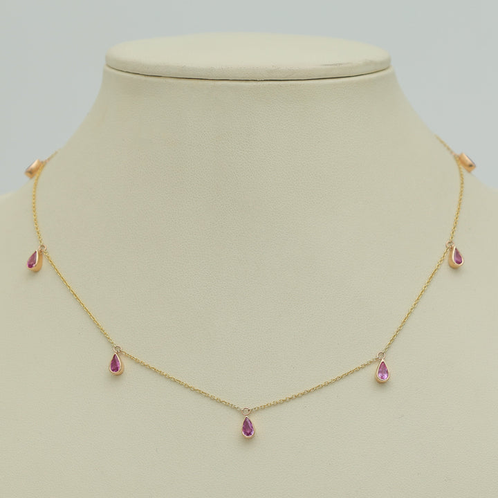 Pink Sapphire Bezel Set Pear Shape Chain Necklace - qivii