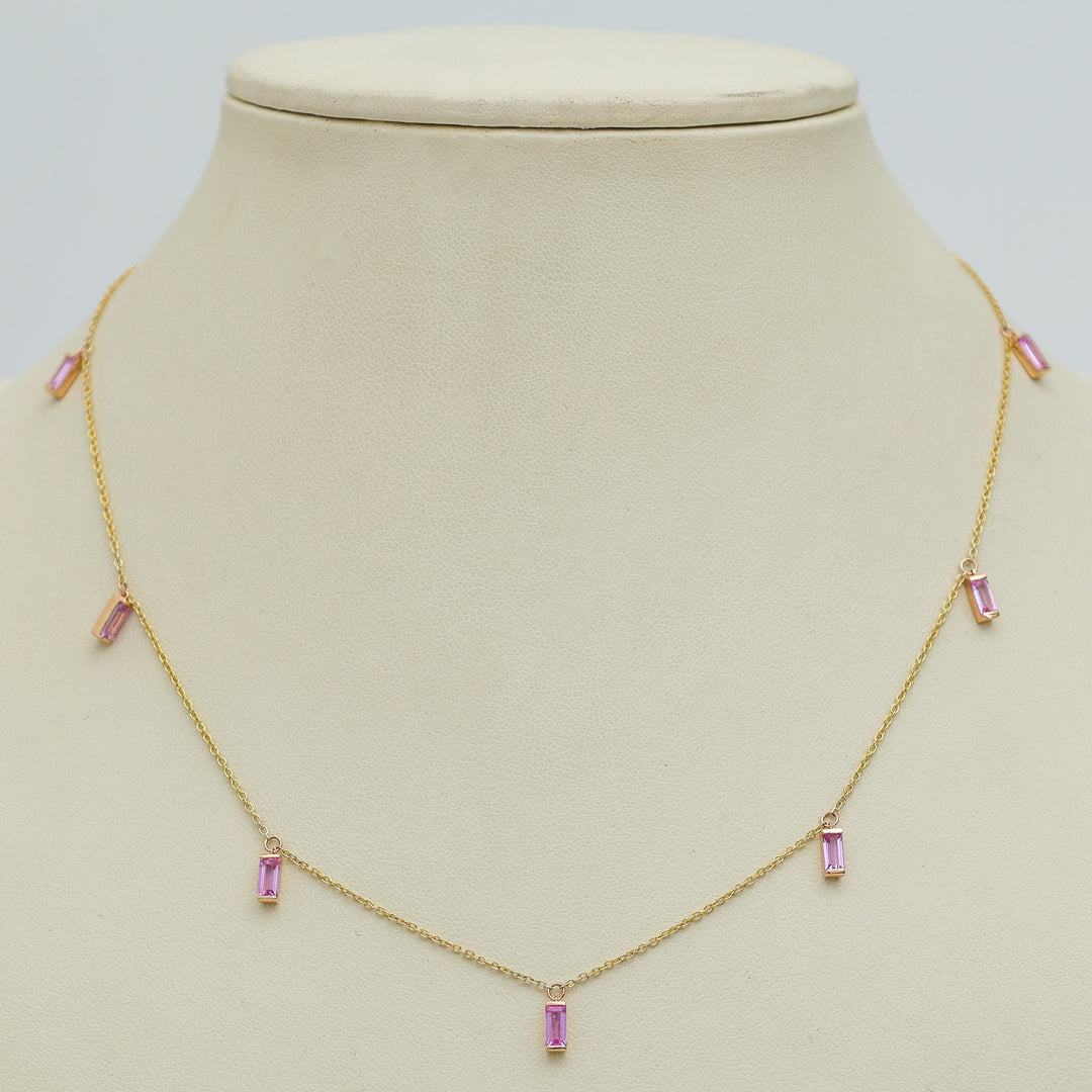 Pink Sapphire Bar Set Baguette Shape Chain Necklace - qivii