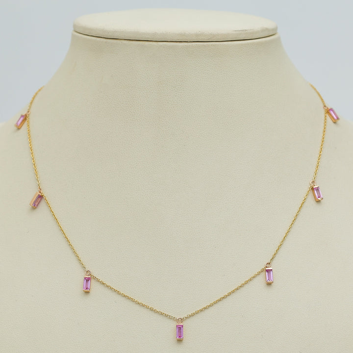 Pink Sapphire Bar Set Baguette Shape Chain Necklace - qivii