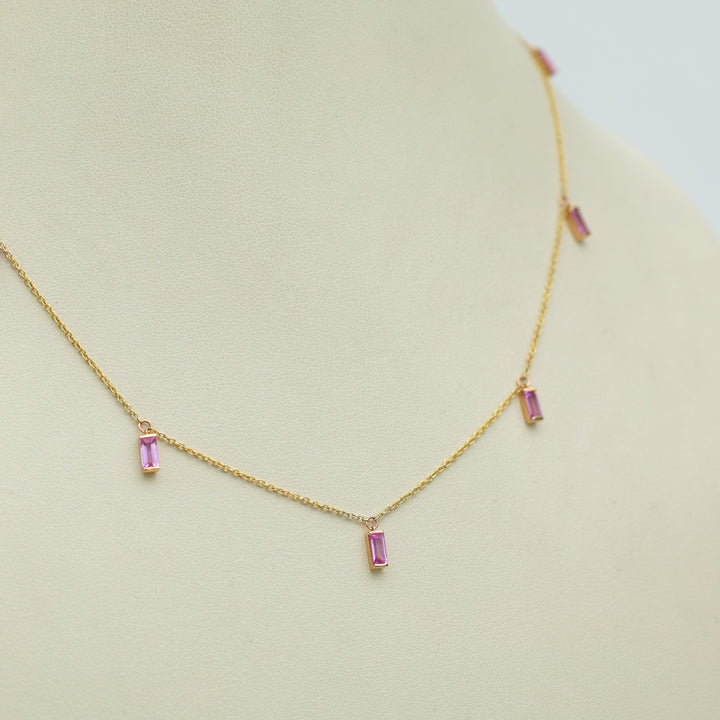 Pink Sapphire Bar Set Baguette Shape Chain Necklace - qivii