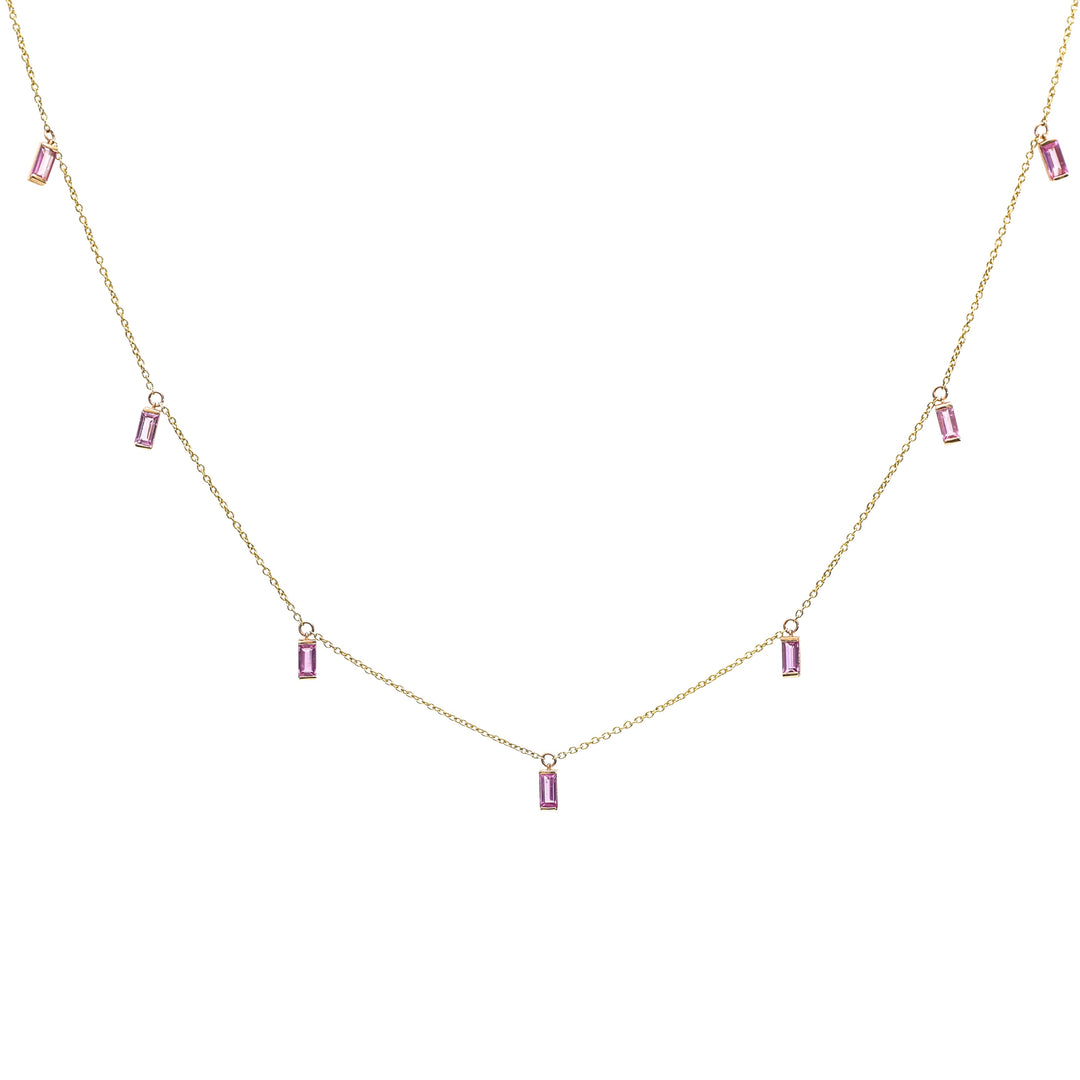 Pink Sapphire Bar Set Baguette Shape Chain Necklace - qivii
