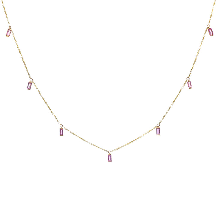 Pink Sapphire Bar Set Baguette Shape Chain Necklace - qivii