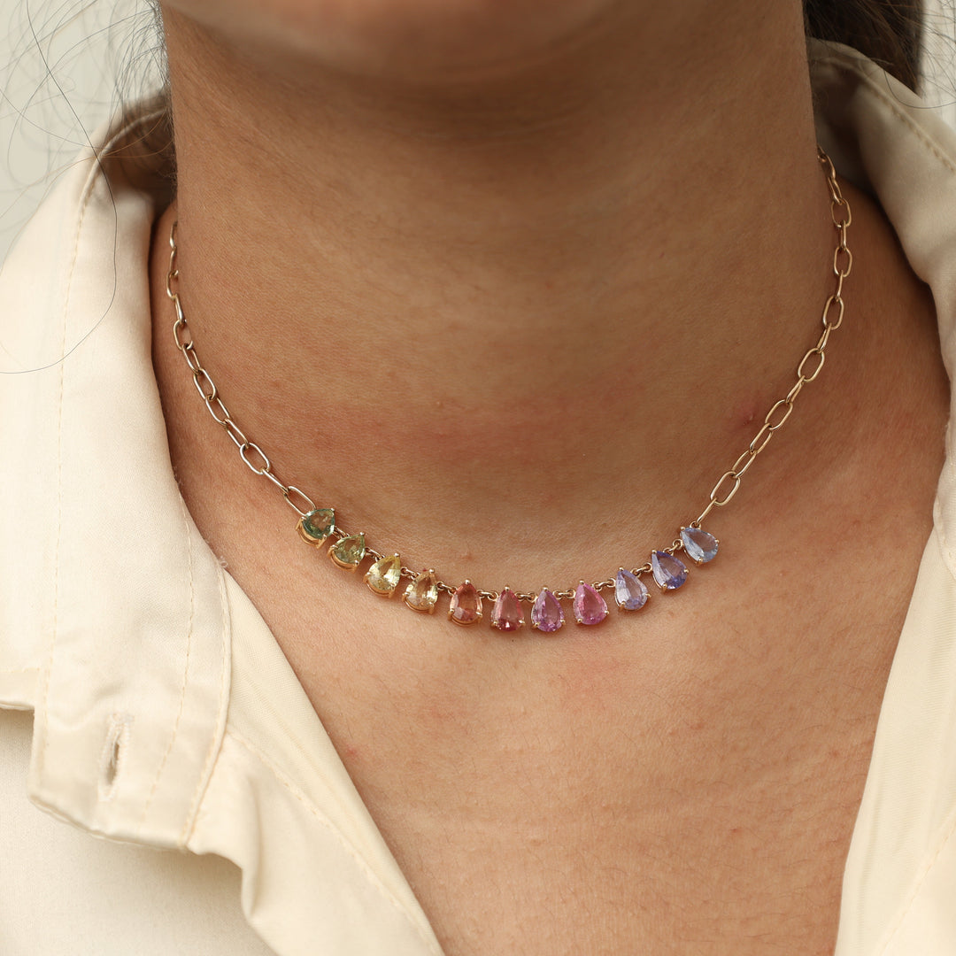 Rainbow Sapphire Pear Prong  Set Link Chain  Necklace - qivii