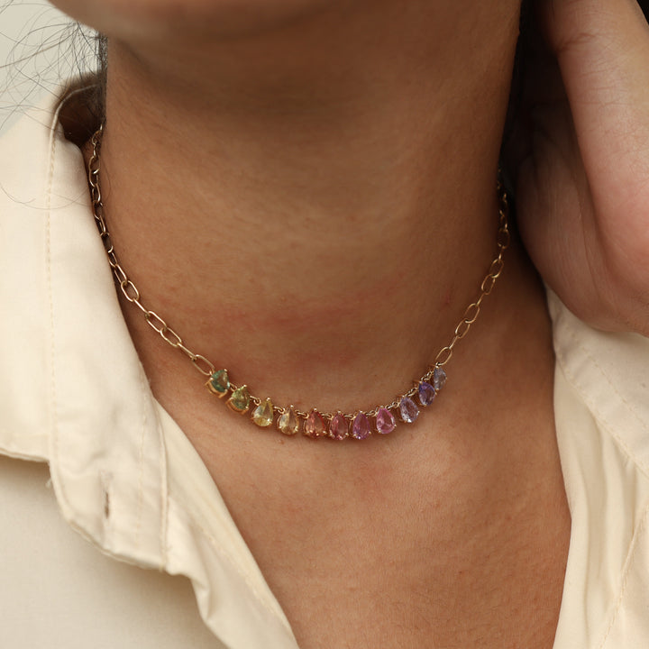 Rainbow Sapphire Pear Prong  Set Link Chain  Necklace - qivii