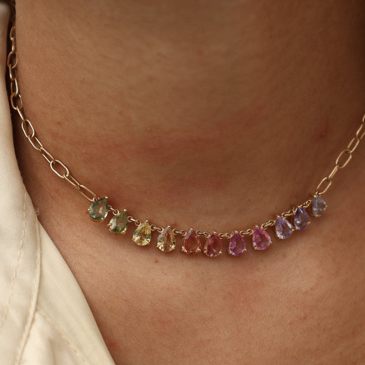 Rainbow Sapphire Pear Prong  Set Link Chain  Necklace - qivii