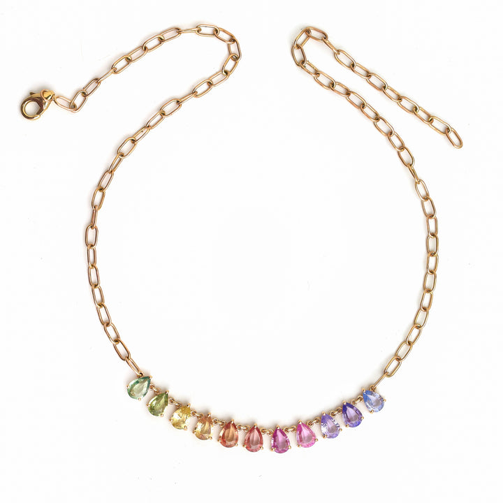 Rainbow Sapphire Pear Prong  Set Link Chain  Necklace - qivii