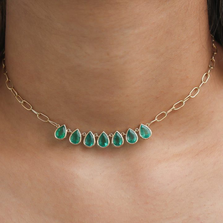 Emerald Pear Bezel Set Paperclip Chain Necklace - qivii
