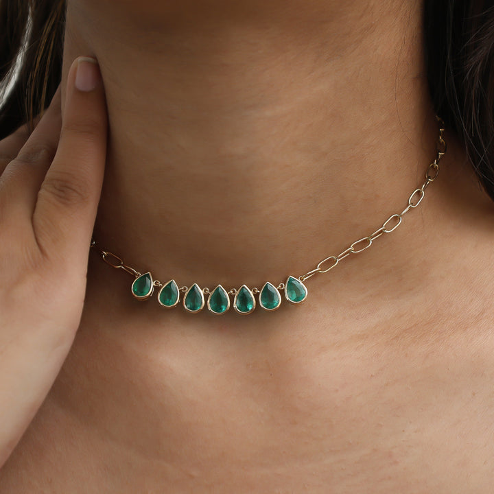 Emerald Pear Bezel Set Paperclip Chain Necklace - qivii