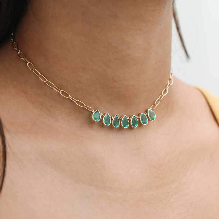 Emerald Pear Bezel Set Paperclip Chain Necklace - qivii