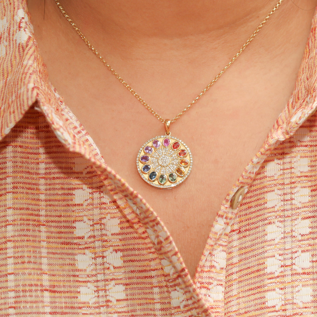 Rainbow Sapphire Oval Diamond Disc Necklace - qivii