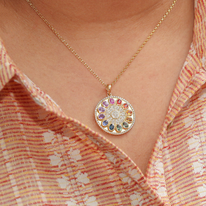 Rainbow Sapphire Oval Diamond Disc Necklace - qivii