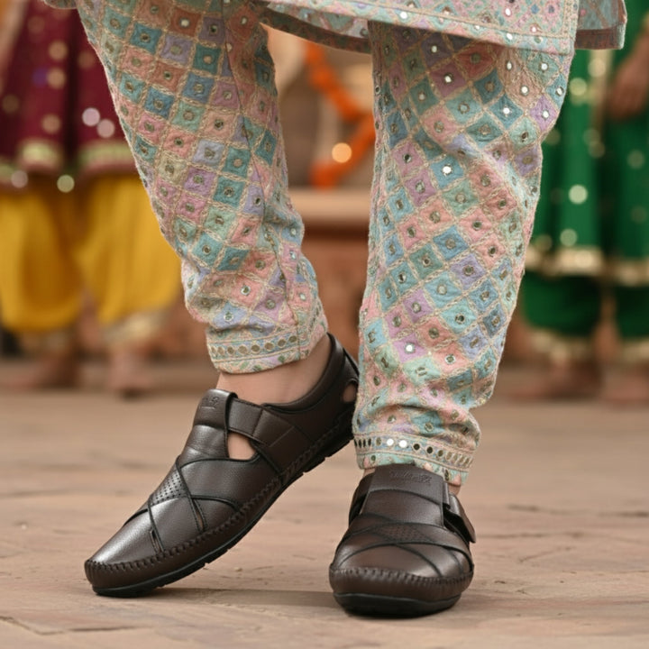 P&G N1401 Men's BROWN Slipon Sandal Extra Soft Sandal/Mojri/Ethnic Wear Leather With Adjustable Strap/Navratri Fashion Footwear. - qivii