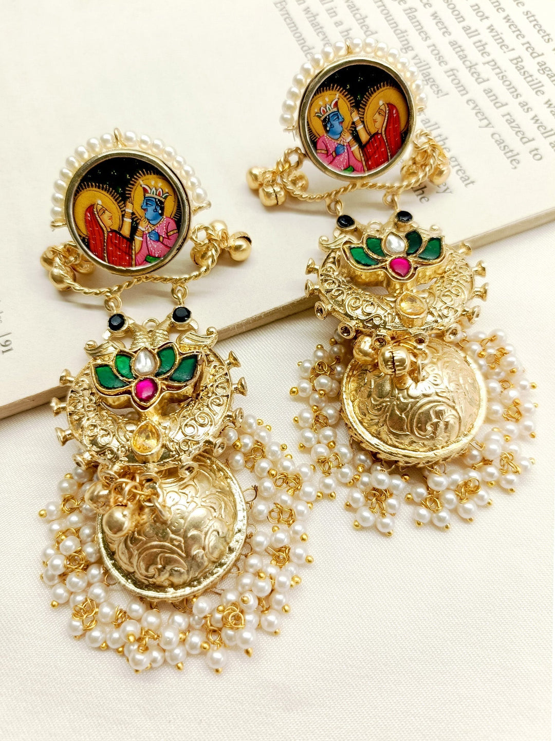 Gold plated brass metal long boutique jhumki with lotus flower and pearl hangings 