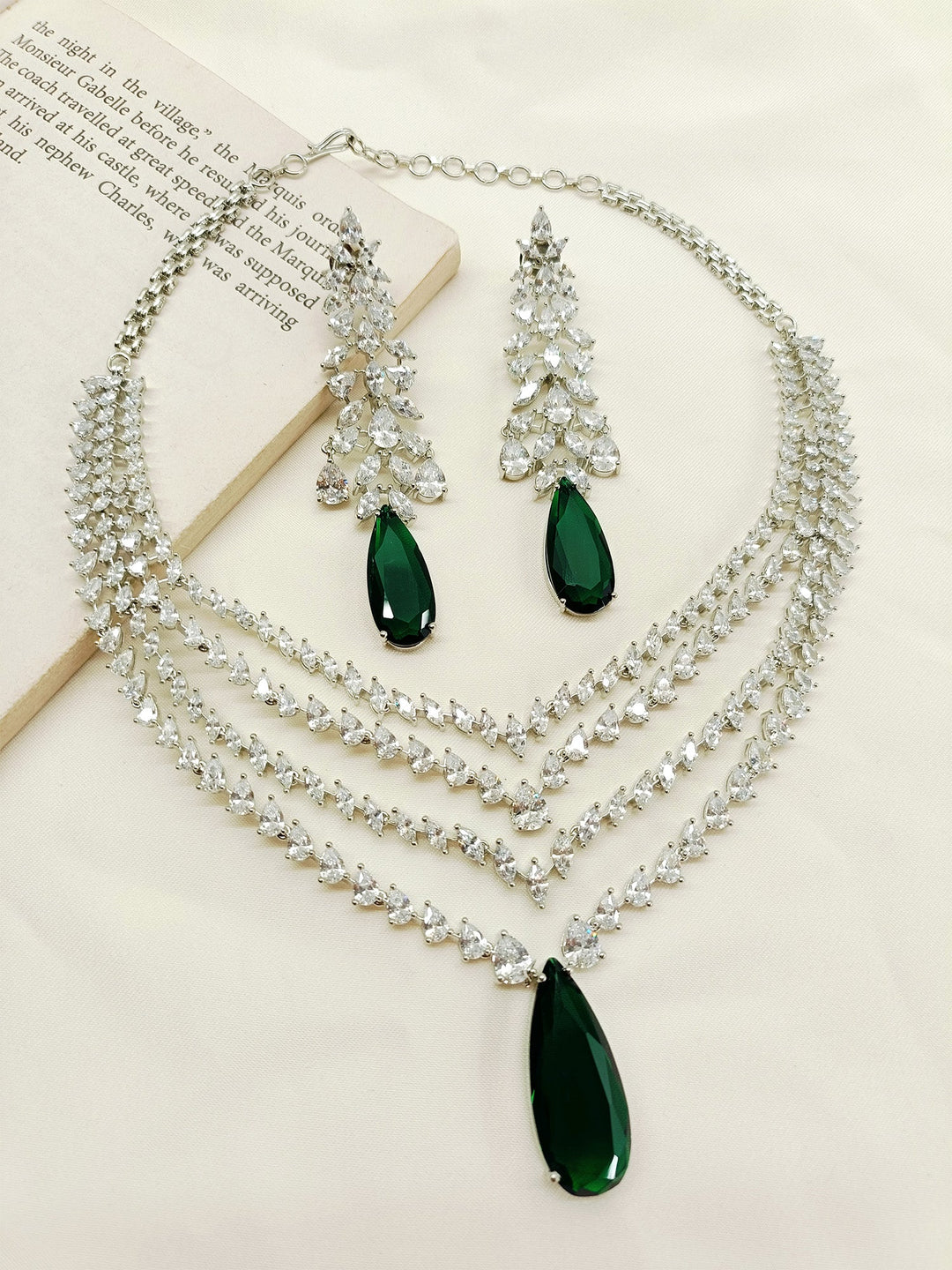 Amrisha Green American Diamond Necklace Set - qivii