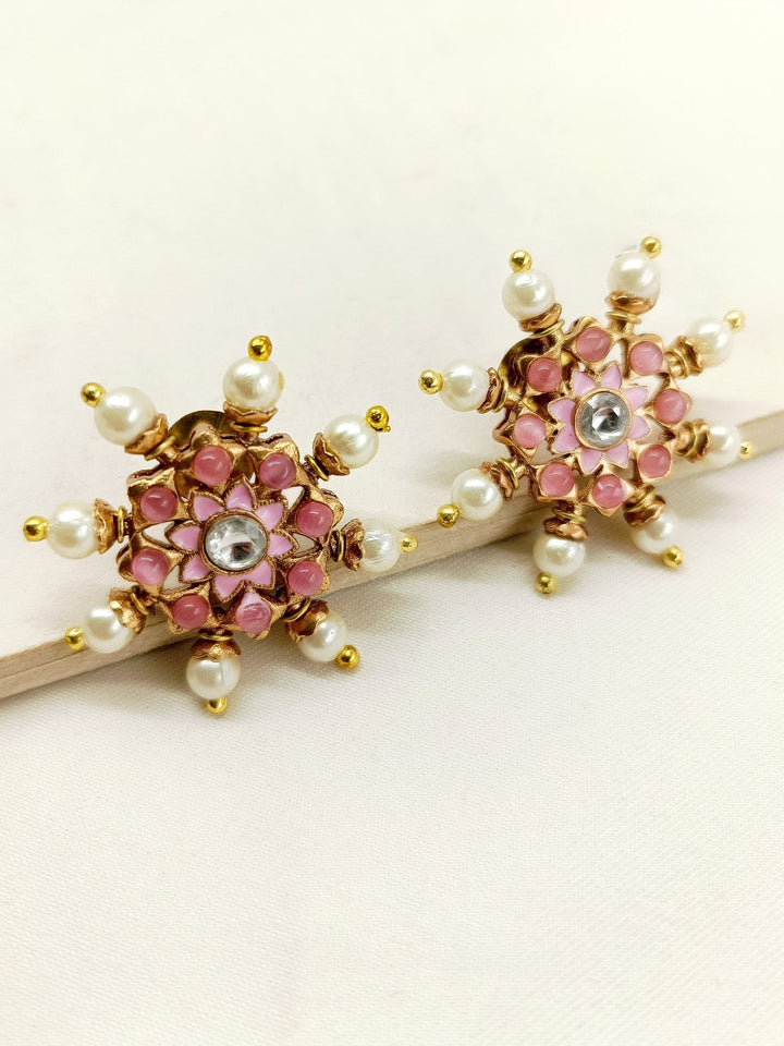 Kamakshi Pink Gold Plated Meenakari Tops with Pearls and Pink Stones