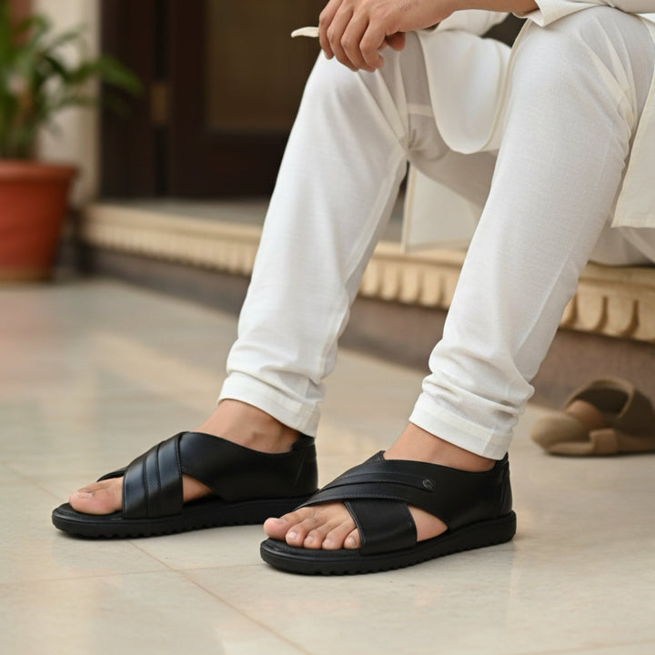 EAGLE P977372 Men's BLACK Sandal/Extra Soft Touch Free,Archfit Sandal Ethnic Wear Leather Navratri Fashion Footwear. - qivii