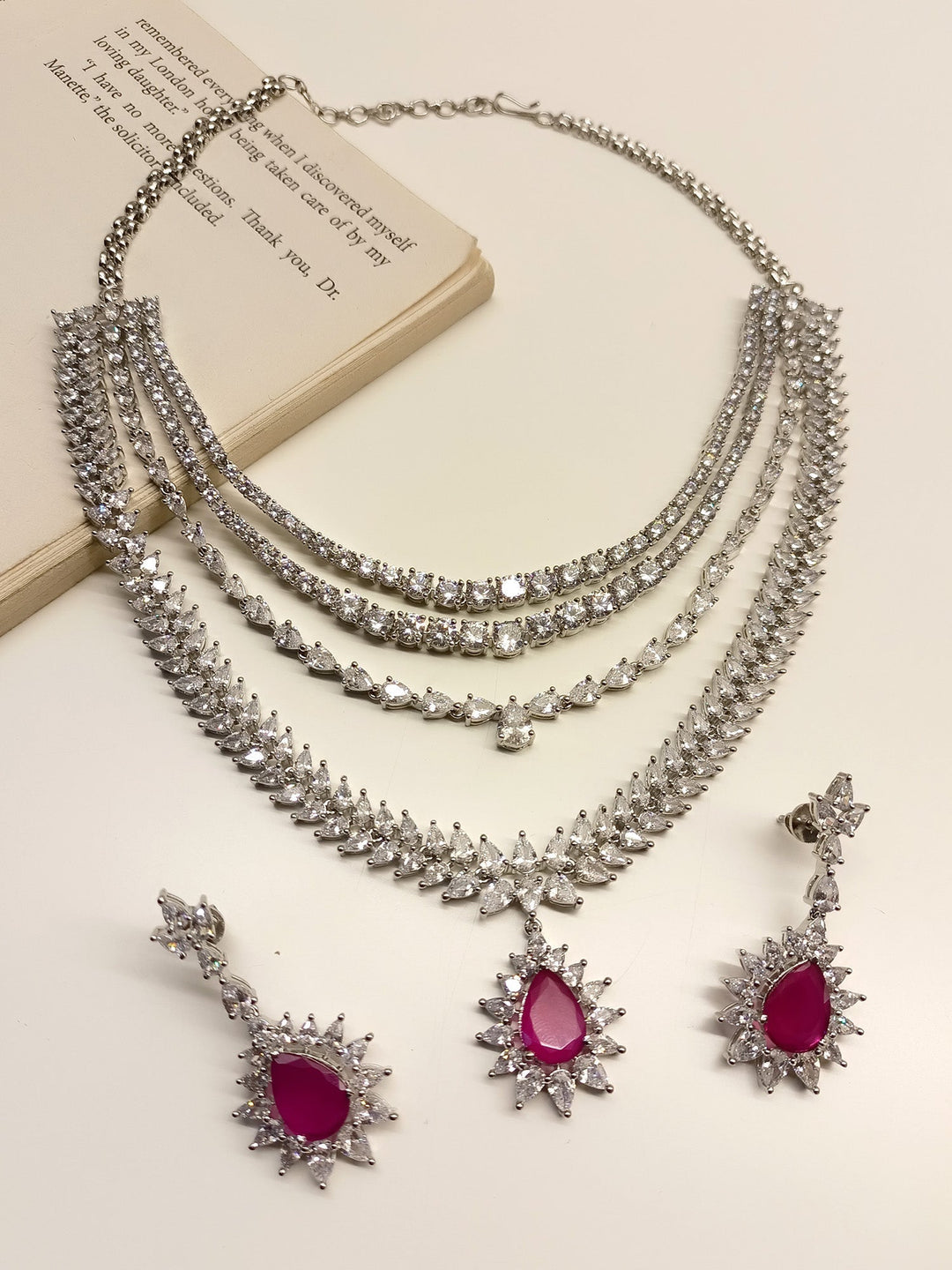 Exquisite Pallavi Ruby American Diamond Necklace Set with stunning red gemstones