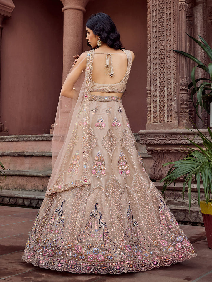BEIGE - Net Fabric Sequins embroidery Semi-Stitched Lehenga & Unstitched Blouse With Dupatta