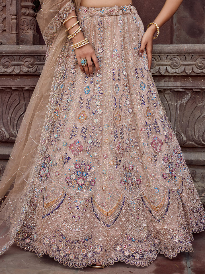 BEIGE - Net Fabric Sequins embroidery Semi-Stitched Lehenga & Unstitched Blouse With Dupatta