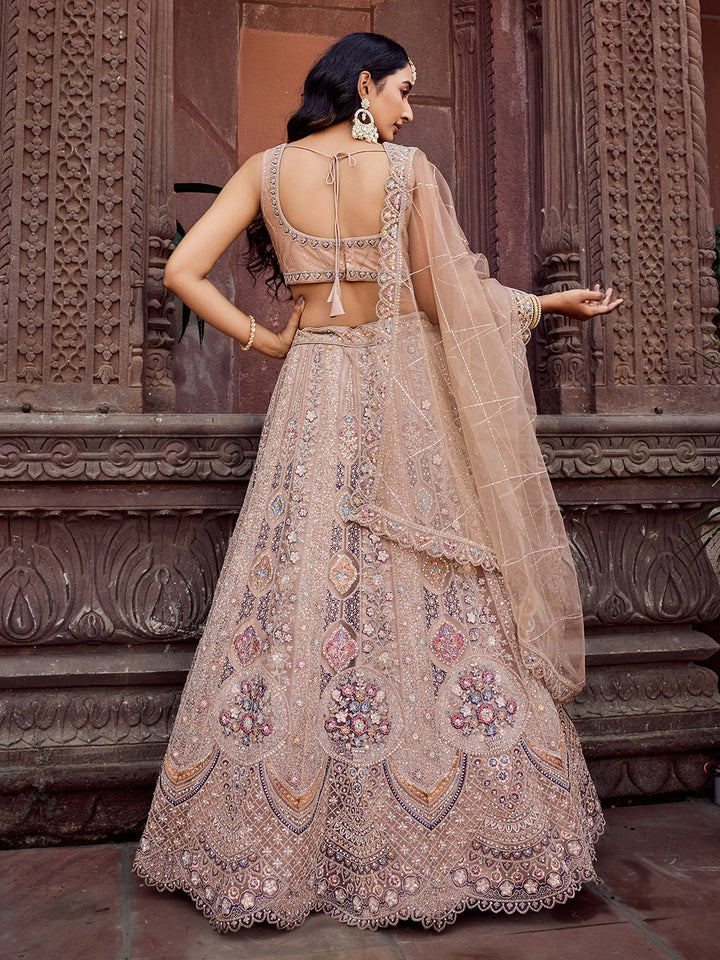 BEIGE - Net Fabric Sequins embroidery Semi-Stitched Lehenga & Unstitched Blouse With Dupatta